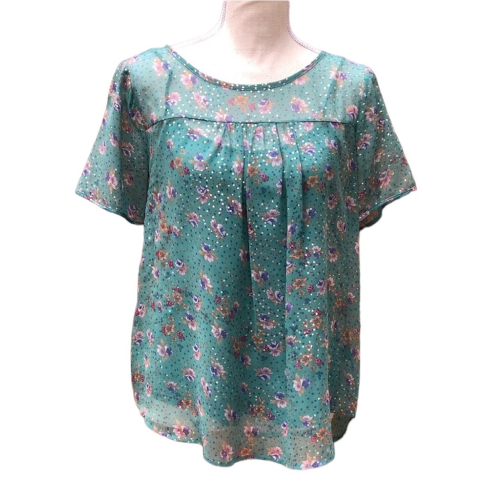 Ella Moss Blouse Sheer Floral Short Sleeve 100% Silk Teal Womenโs Size Small